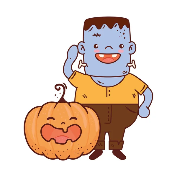 Menino disfarçado de frankenstein com abóbora para comemoração feliz halloween — Vetor de Stock