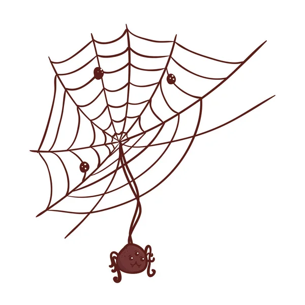 Cadılar bayramı, beyaz arkaplanda örümcek ağı asılı şirin örümcek — Stok Vektör