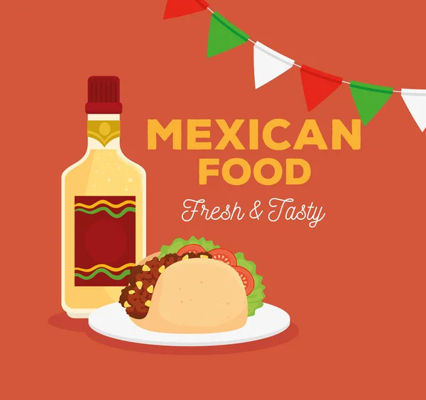 Poster makanan Meksiko dengan taco, botol tequila dan karangan bunga tergantung - Stok Vektor