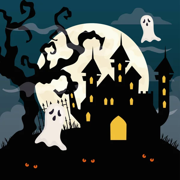 Счастливый Хэллоуин знамя с привидениями замка и призраков в темной ночи — стоковый вектор