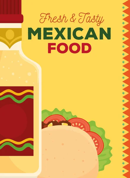 Mexican food poster with taco and bottle tequila — Stock Vector