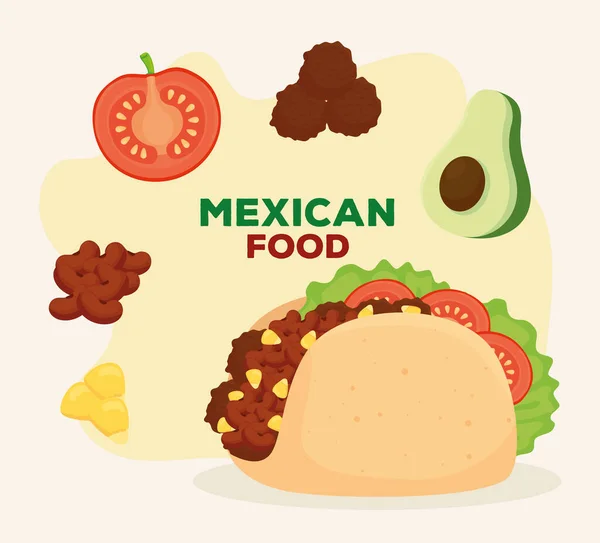 Afiche de comida mexicana y taco con deliciosos ingredientes — Vector de stock