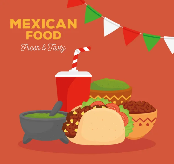 Afiche de comida mexicana fresca y sabrosa con taco, ingredientes y bebida de botella — Vector de stock