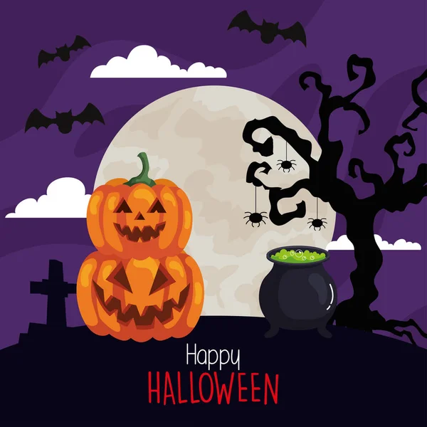 Szczęśliwy sztandar halloween z kotłem, dynie w ciemną noc — Wektor stockowy