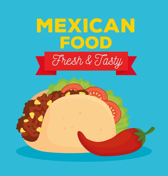 Cartaz de comida mexicana com taco fresco e saboroso e pimenta —  Vetores de Stock