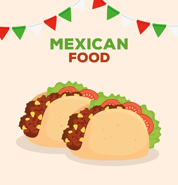 Affiche de nourriture mexicaine avec tacos et guirlandes décoration — Image vectorielle