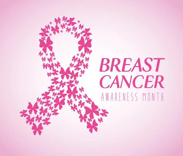 Ruban rose, symbole du mois mondial de sensibilisation au cancer du sein avec des papillons — Image vectorielle