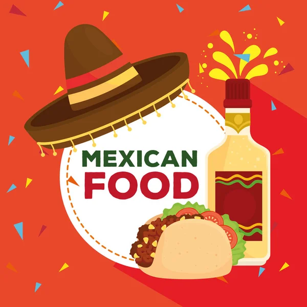 Cartaz de comida mexicana com chapéu, garrafa de tequila e taco — Vetor de Stock