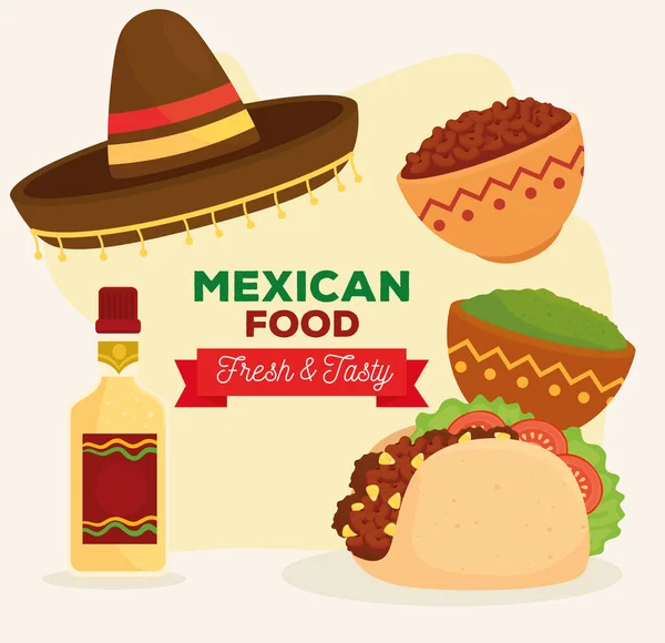 Comida mexicana afiche fresco y sabroso con taco, tequila botella, sombrero e ingredientes — Vector de stock