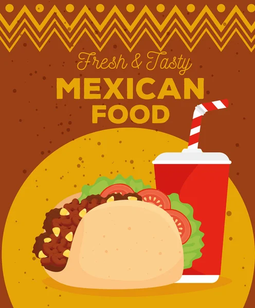 Affiche de nourriture mexicaine avec taco et boisson jetable — Image vectorielle