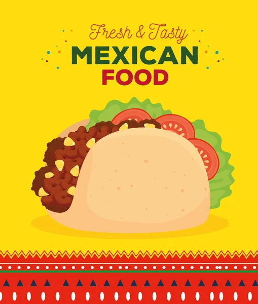 Cartaz de comida mexicana com taco fresco e saboroso — Vetor de Stock