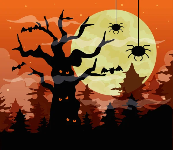 Feliz estandarte de halloween con árbol encantado y arañas en la noche oscura — Vector de stock