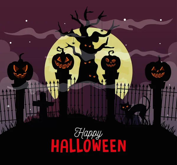 Banner feliz halloween com árvore assombrada e abóboras na noite escura — Vetor de Stock
