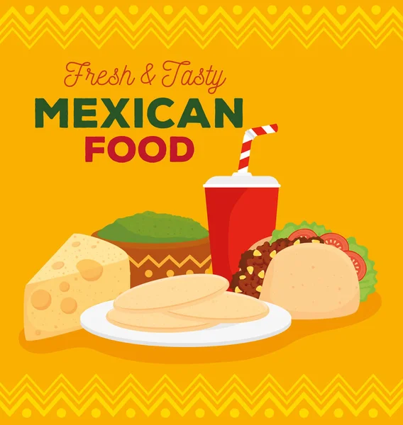 Afiche de comida mexicana fresca y sabrosa con taco e ingredientes deliciosos — Vector de stock