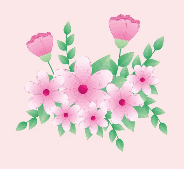 Cute flowers pink color with branches and leaves — Stock Vector