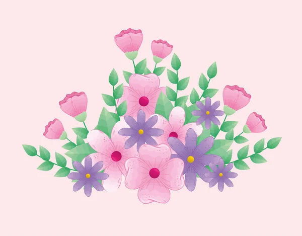 cute flowers pink and purple color with branches and leaves