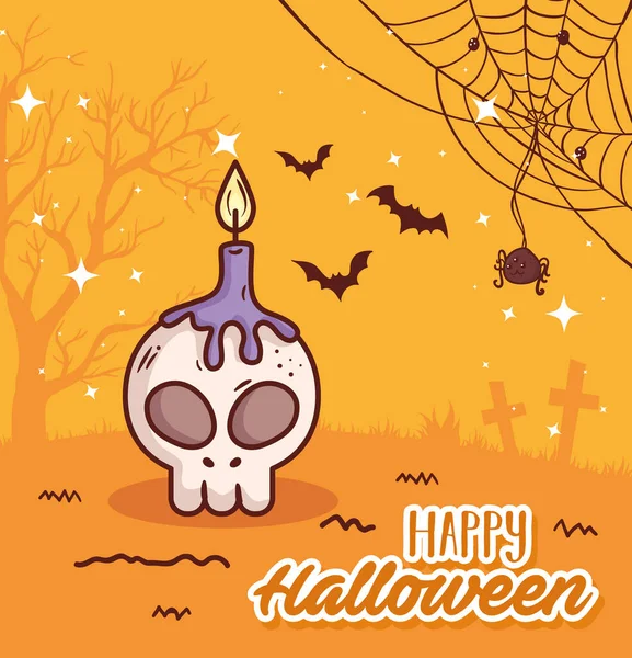 Feliz estandarte de halloween y cráneo con vela — Vector de stock