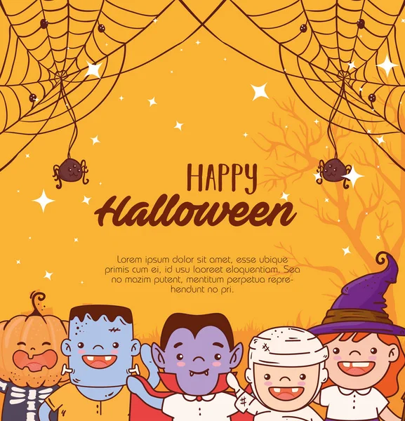 Group children disguised for happy halloween celebration — Stock Vector