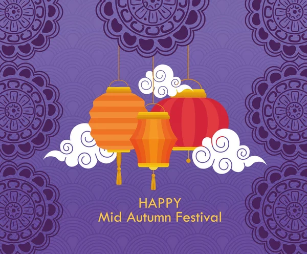 Kinesisk midhöstfestival med lyktor hängande och moln — Stock vektor