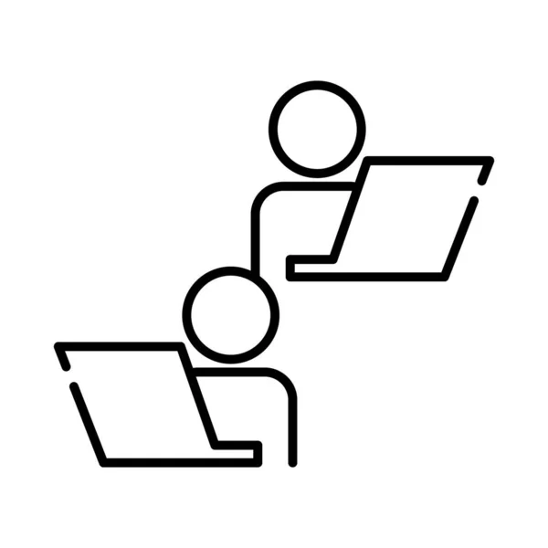 Teamworker mit Laptops Coworking Line Stil-Ikone — Stockvektor