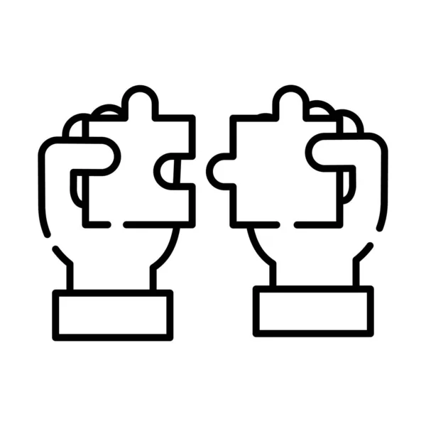 Händer med pusselspel bitar linje stil ikon — Stock vektor