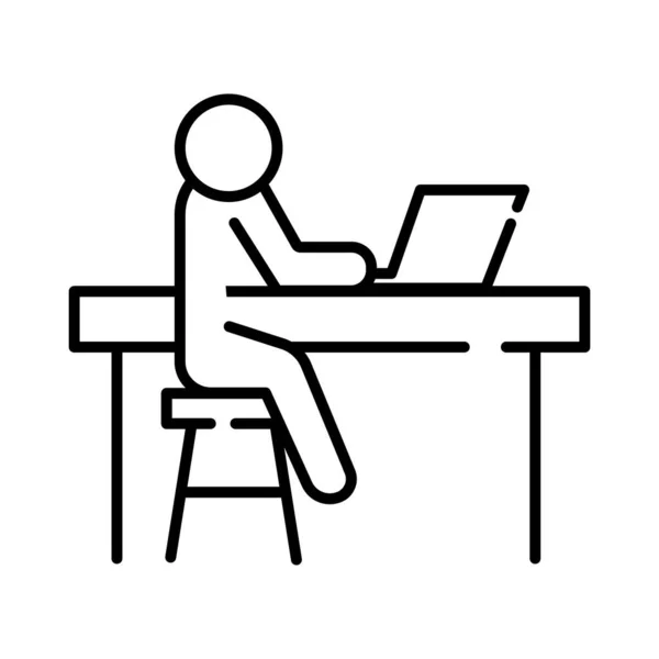 Figura humana avatar trabajando en el ordenador portátil en la línea de escritorio icono de estilo — Vector de stock