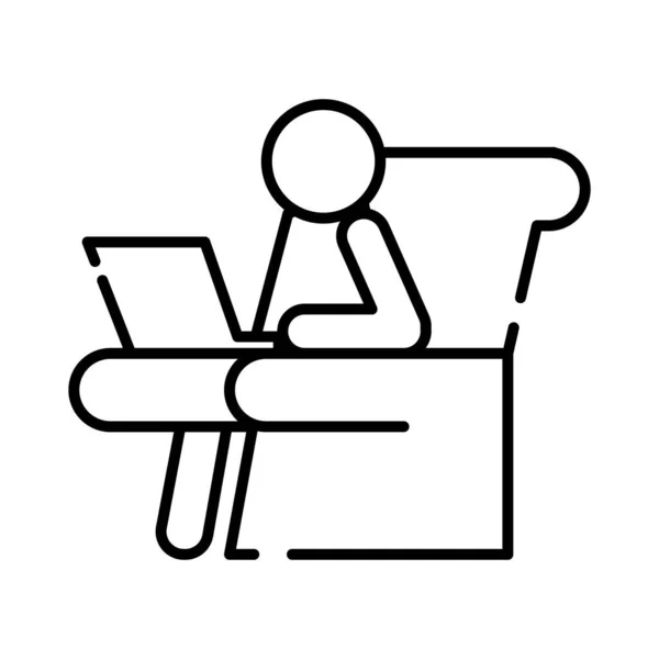 Avatar figura umana che lavora in laptop seduto in icona stile linea divano — Vettoriale Stock