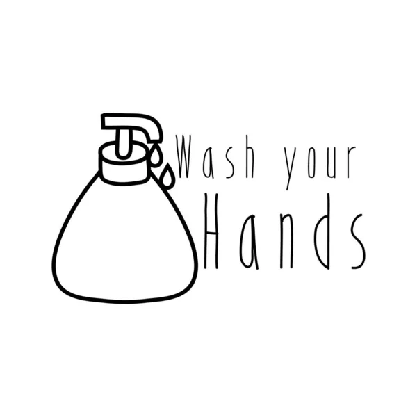 Waschen Sie Ihre Hände Kampagne Schriftzug mit Flaschenseife Linie Stil — Stockvektor
