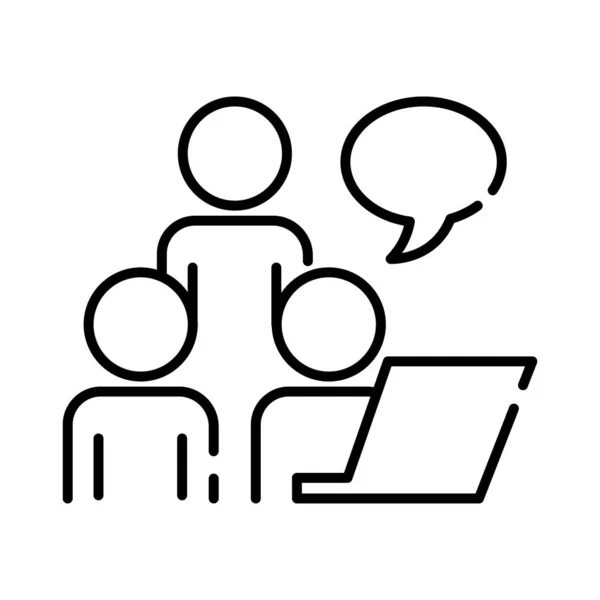 Teamworkers with speech bubble and laptop coworking line style icon — Stockový vektor