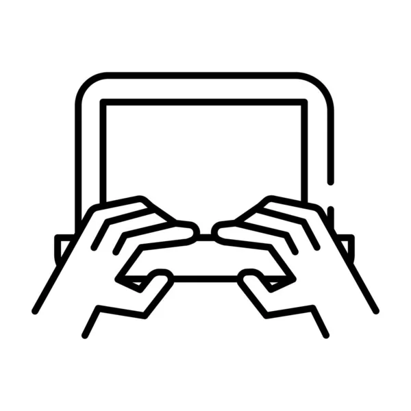 Mani utilizzando l'icona in stile linea laptop — Vettoriale Stock