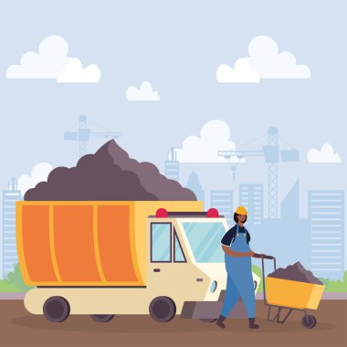 İş yerinde inşaat çöplüğü aracı ve inşaatçısı