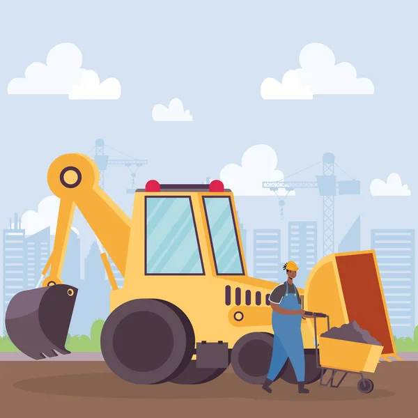 Vehículo excavadora de construcción y trabajador con carretilla — Vector de stock