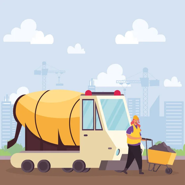 Construction concrete mixer vehicle and builder with wheelbarrow scene — Stock Vector