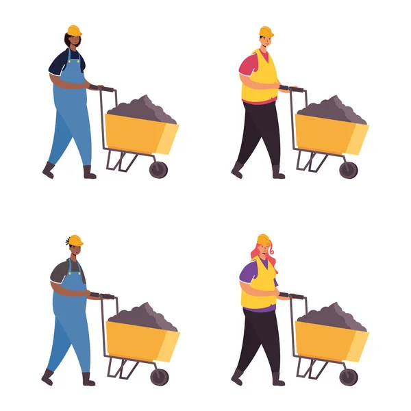 Construtores trabalhadores com carrinhos de mão personagens cena —  Vetores de Stock