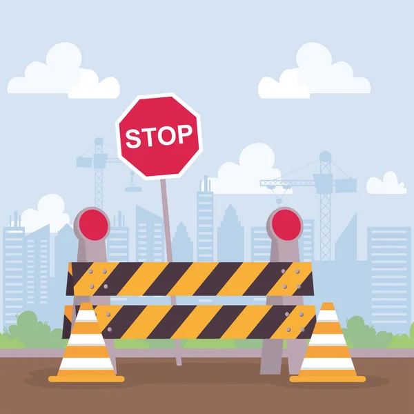 Escena de construcción con barricada y señal de stop — Vector de stock
