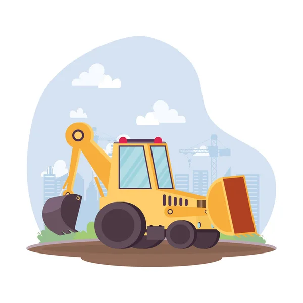 Vehículo excavadora de construcción en la escena del lugar de trabajo — Archivo Imágenes Vectoriales