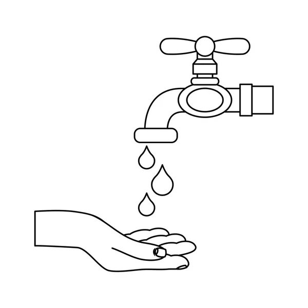 Hand mit Wasserhahn und Tropfen — Stockvektor