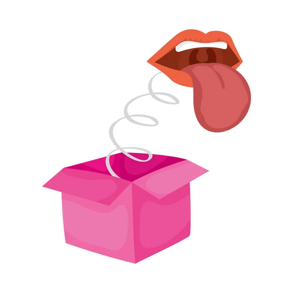Boîte de surprise avec bouche et langue sur insensés accessoire de jour — Image vectorielle