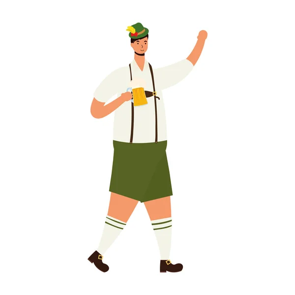 Homem alemão vestindo terno tirolês bebendo personagem de cerveja —  Vetores de Stock