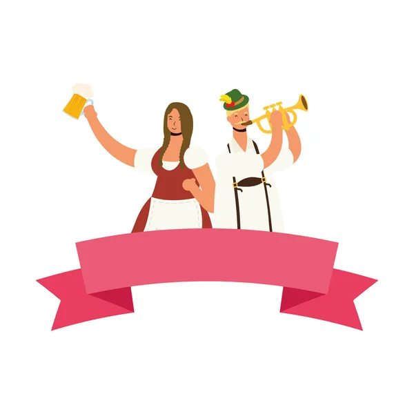 Casal alemão vestindo terno tirolês bebendo cervejas e tocando trompete — Vetor de Stock