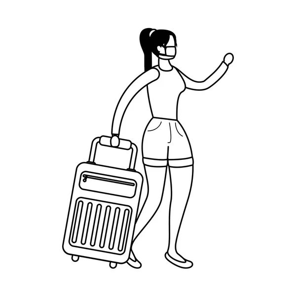 Kvinna bär medicinsk mask med resväska — Stock vektor