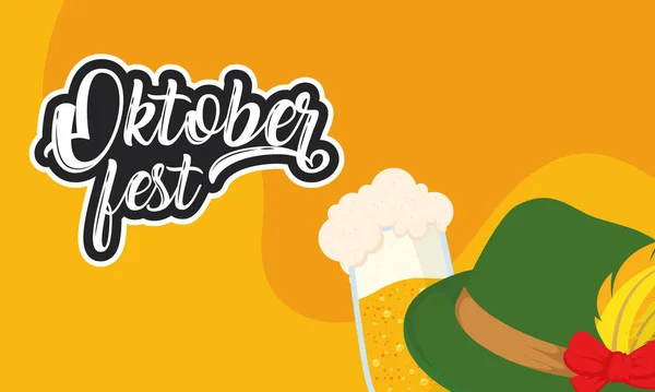 Oktoberfest partido lettering em cartaz com chapéu de tirolesa — Vetor de Stock