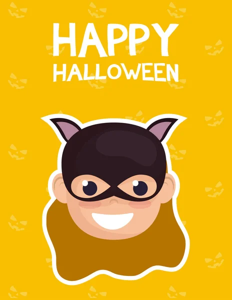 Cartão de Halloween feliz com letras e menina fantasiada de catwoman —  Vetores de Stock