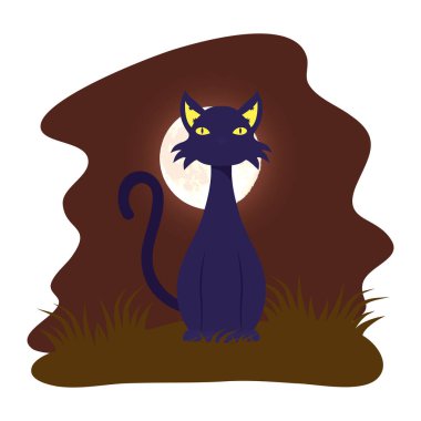 Kara kedi maskotu ve ay manzaralı mutlu cadılar bayramı kartı