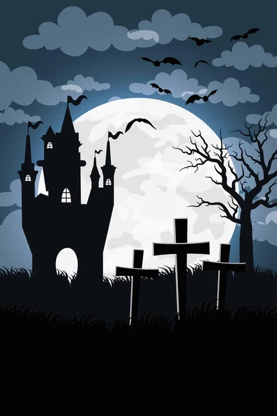 Szczęśliwy halloween karty z zamku nawiedzony w scenie cmentarz — Wektor stockowy