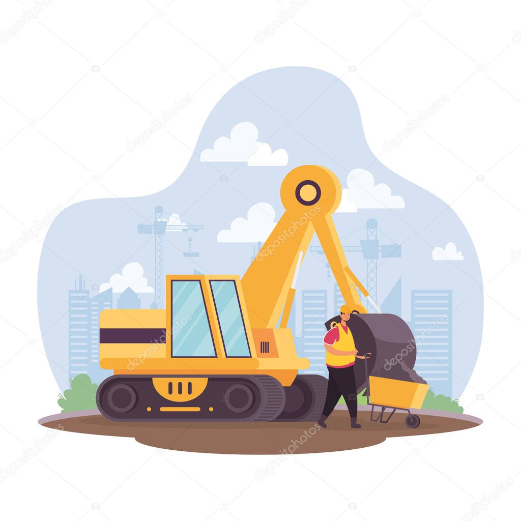 construction excavator vehicle and builder in workplace scene