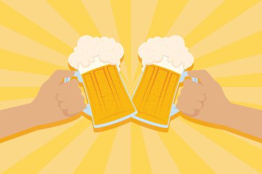 Ekim Festivali parti afişi. Elleri ve bira kavanozları var.