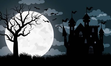 Perili köşklü mutlu Cadılar Bayramı kartı