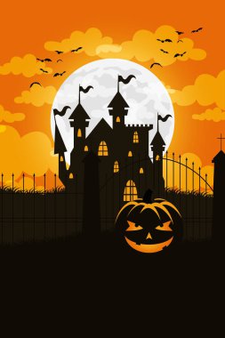 Perili ev ve balkabağı sahneli Cadılar Bayramı kartın kutlu olsun