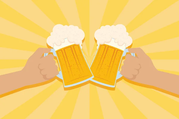Oktoberfest fête fête affiche avec les mains et des bocaux de bière — Image vectorielle